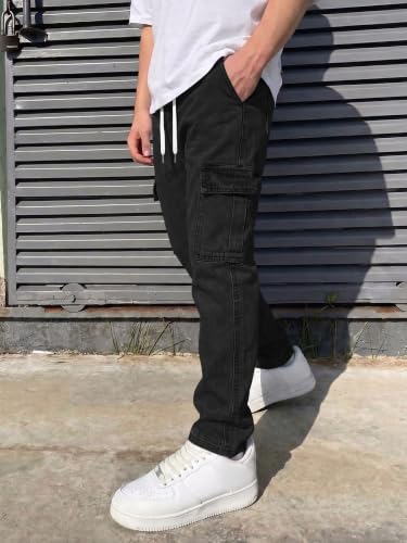 Image of JMIERR Men's Elastic Waist Cargo Jeans Stretch Denim Pants with Drawstring Straight Leg for Casual Daily Wear