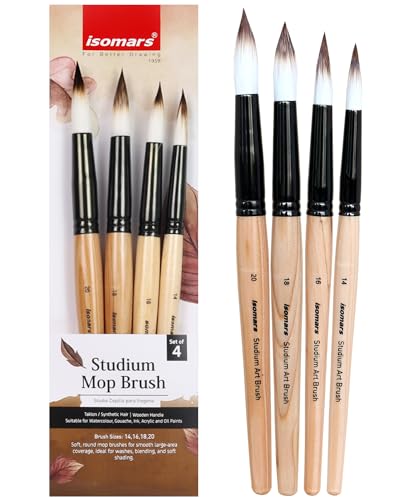 Image of Isomars Studium Mop Brush Set of 4 - Professional Synthetic Hair Round Paint Brushes for Watercolor, Gouache, Acrylic, Ink & Oil Painting - Natural Wooden Handle Art Brushes (Sizes 14, 16, 18, 20)