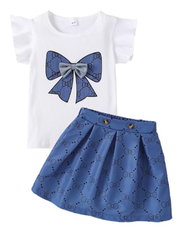 Image of Azmxynol Toddler Girls Clothes Cap Sleeve T-Shirt + Bowknot Print 2pcs Summer Shorts Outfit Set For Girls, Size 4-8 Years