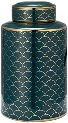 Sagebrook Home 12" Jar with Lid - Modern Ceramic Dark Green and Gold Crackle Design Stoneware - Decorative Jar for Home or Office Accent