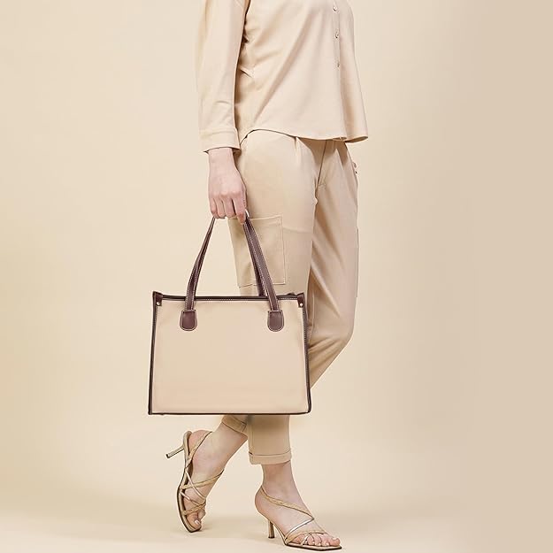 Image of KEALIN Women Stylish Cream Tote Bag with Double Chain Handles | Large Capacity Shoulder Handbag | PU Leather Office, Shopping & Travel Handbag for Women & Girls