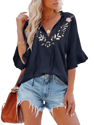 Womens Summer Tops 3 4 Sleeve Women Blouses Casual Boho Top Spring Floral Short Sleeve Shirts Vacation