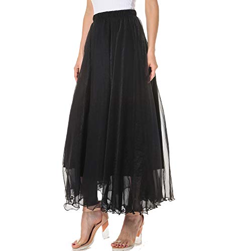 Womens Full/Ankle Length Elastic Waist Pleated Beach Maxi Chiffon Summer Long Skirt Big Hem Double Layer