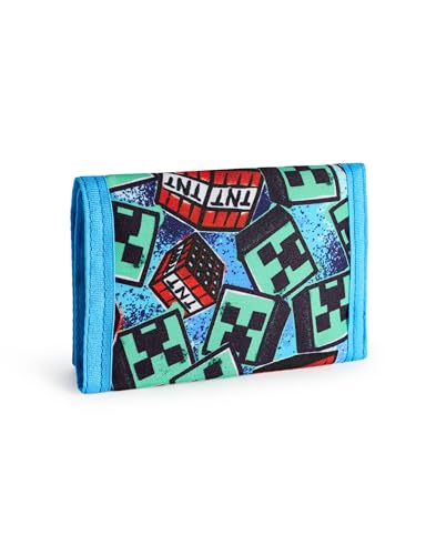 Minecraft Boys Strap Wallet | Kids Blue Trifold Wallet with TNT Block and Creeper Graffiti Print | Childrens Cash Holder2