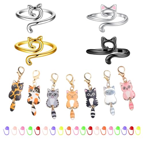 Image of 4PCS Adorable Crochet Rings with 7PCS Cat Stitch Markers and 20PCS Stitch Needle Clip Counter,Adjustable Tension Rings for Finger Accessories and Gadgets,Ideal Yarn Guide Ring Knitting Tools for Women