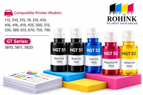 Image of ROHINK GT51 GT52 Ink Refill Dye Ink Compatible with HP Ink Tank 115, 310, 315, 319, 410, 415, 416, 419, 455, 500, 515, 530, 615, GT 5810, GT 5811, GT 5820 (Pack 5 (2*Black + 3* CYM))
