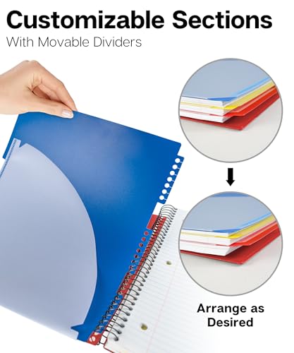 Image of Dunwell 3-Subject Spiral Notebook College Ruled 8.5x11 (Red), 150 Sheets (300 Pages), Tabs, Color Movable Divider Pockets, Protective Plastic Covers, 3-Hole Punched Tear-Off Paper