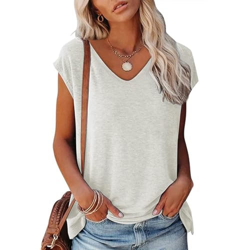 Haut d'été à manches courtes pour femme en col V t-shirt basique blanc