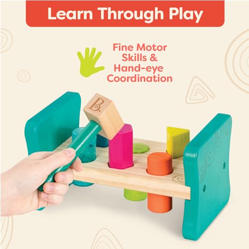 Image of B. toys Wooden Shape Sorter, Colorful Pound & Play | Wooden 8-piece set with 6 colorful shape pegs and toy hammer for sorting, matching, flip-over play, 2+ Years