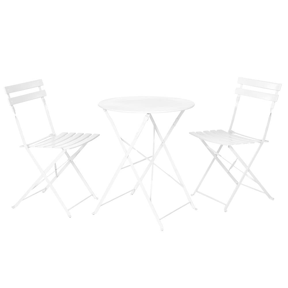 Conjunto de mesa y 2 sillas de jardín Sira con láminas curvas de acero blanco. Set de 2 sillas plegables de lamas y mesa de meta lacado en color blanco para jardín, terraza, balcón y exterior.