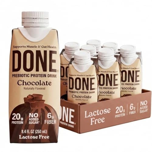 Image of Done Prebiotic Protein Shake, Chocolate, 20g Protein, 8.4oz, 8 Pack | 20g Whey Protein, High Fiber, Prebiotic, Lactose & Gluten Free, No Added Sugar, Ready-to-Drink Shake, 8-Pack