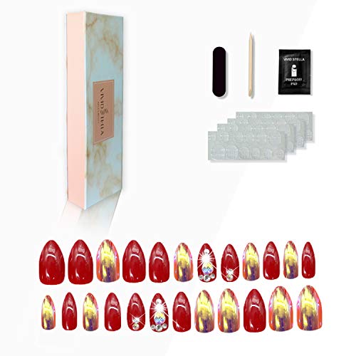 Press On Nails For Women 24 Pcs Stiletto False Nails 3D Diamond Fake Nail Tip with Hologram False Nails