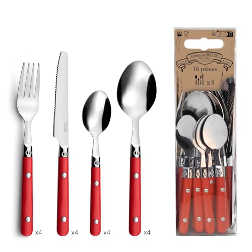 Amefa Besteck SAXO, Tafelbesteck für 4 Personen, Edelstahl Kunststoff 18/0, rot, 16-teilig
