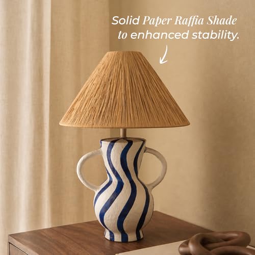 Image of Handcrafted Bedside & Living Room Table Lamp | Handpainted Paper Mache | Natural Raffia Shade | E27 Holder with Bulb Included | Accent Light, Decor Lamp for Bedroom, Study & Home Decor