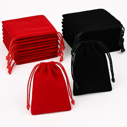 16 Pièces Velours Avec Cordon Pochettes de Serrage, Pochette Bijoux, Petite Pochette Tissu pour Bonbons, Cadeaux de Mariage, Bouchons D'oreilles, Porte -Noir/Rouge