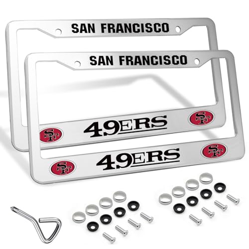 2 Piece License Plate Frames for 49ers Sport Fans Rustproof Aluminum Alloy License Plate Frames US Standard License Plate Holder with Screw Caps Set (Silver)