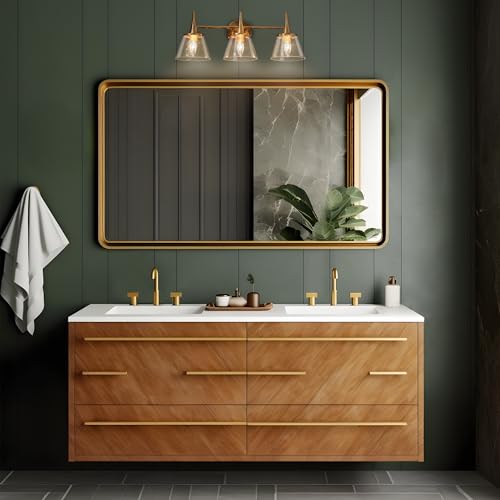 Image of KSANA Gold Bathroom Light Fixtures, 22.5'' Modern Plating Brass Vanity Lights with Seeded Glass Shade, 3-Light Copper Bathroom Lighting Over Mirror