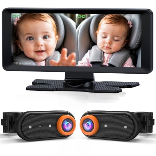 Image of LUCKVIEW BM5PRO Baby Car Camera for 2 Kids, 7.2 inch Split Screen Monitor | 1080P Car Baby Monitor, Automatic Night Vision, 2 Cameras for Rear Facing Seat, 360 Degree Headrest Mount (Orange)
