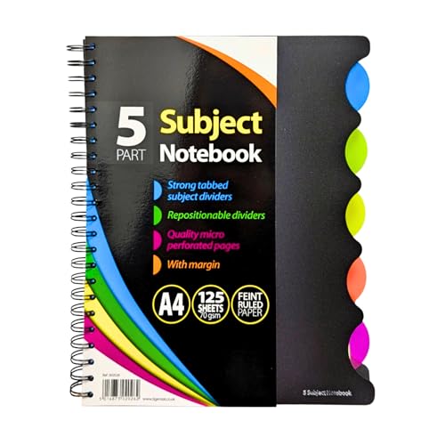 A4 5-Part Subject Notebook | Repositionable Tabbed Dividers | Micro Perforated Feint Ruled Pages with Margin | 125 Sheets (250 Pages) | 70GSM Quality Paper | Spiral Wire Bound Book Note Pad