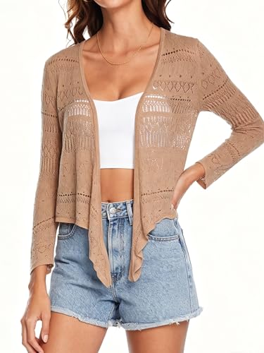 Image of Spicy Sandia Tie Front Sheer Shrug 3 /4 Sleeve Cropped Crochet Cardigan for Summer Lightweight