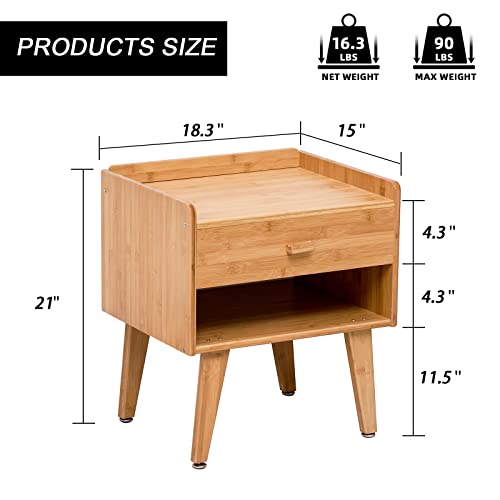 Nightstand Mid-Century Modern Bedside Table With Drawer, Small Nightstand With Adjustable Foot Pad For Bedroom, Recyclable Bamboo (Natural Bamboo) #TOP2