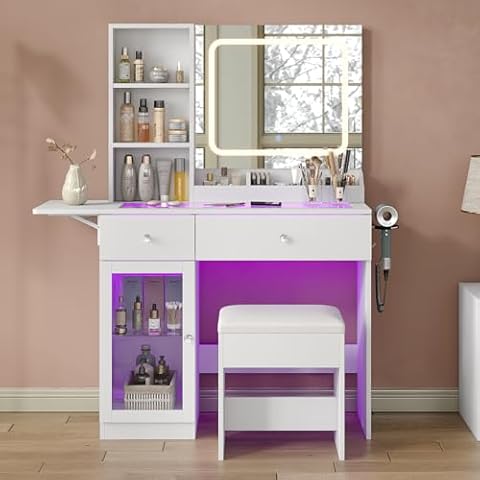 Yanosaku 35'' Vanity Desk with LED Mirror, RGB Lighted Makeup Vanity with Charging Station, Open Shelves & Large Transparent Cabinet, 2 Drawers Glass Top Vanity with Chair for Bedroom, White Cover