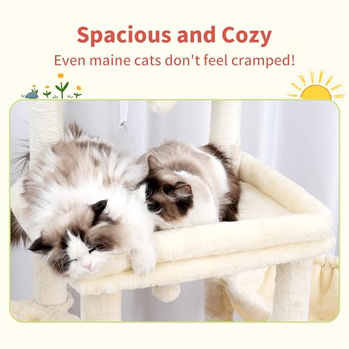 Image of Hey-brother Cat Tree Tower, Scratching Posts with Extra Large Platform, Specious Condo, 2 Cozy Hammocks, Self-Grooming Brush for Indoor Adult Cats, Maine Coon 51.1 inches, Beige MPJ070M
