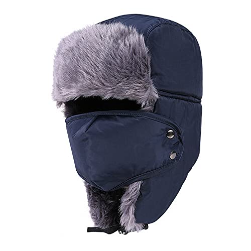 Lainin Winter Outdoor Trapper Hat, Russian Ushanka Trooper Aviator Ski Hat Earflap with Mask for Men & Women - Navy Blue