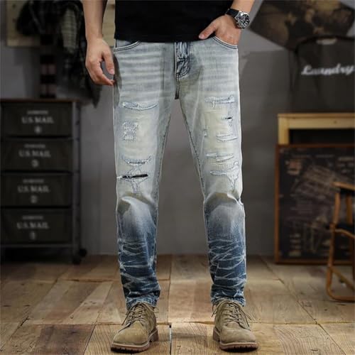 Men's Retro Washed Distressed Light-Colored Jeans Embroidered Ripped Elastic Slim Straight Tapered Skinny Pants3