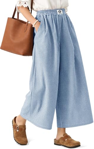 Image of TARSE Women Wide Leg Capri Pants Loose Gingham Plaid Culottes Summer Elastic Waist Palazzo Trousers Bottoms with Pockets