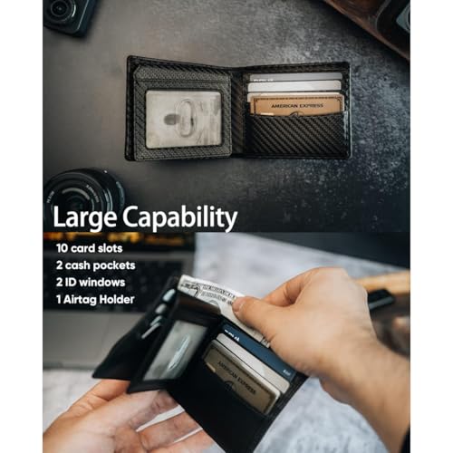 Mens Wallet with AirTag holder,Genuine Leather Bifold Wallets for Men RFID Blocking With 2 ID Window and 12 Cards Holders Gift Box (Coffee Brown) (Carbon)3