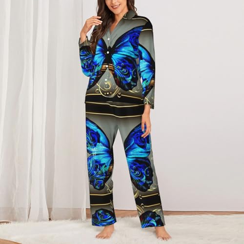 Pyjama imprimé papillon bleu EdWal ensemble manches longues femme