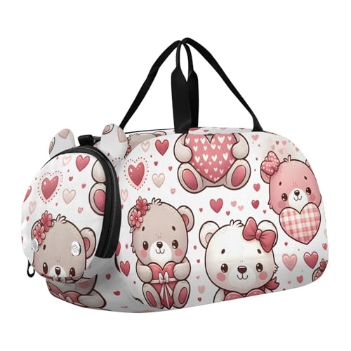 Duffle Bag Kids Gym Bag with Shoes Compartment & Wet Separation Overnight Travel Duffel Bag Pink Bear for Girl Boy