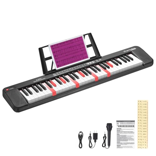 RIVVTA 61 Key Electric Keyboard Piano with 200 Tone 200 Rhythm and 60 Demo Light-Up Keyboard for Beginners - Includes Music Rest Microphone Power Supply Note Stickers Black(REK-20)