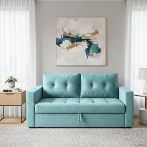 Image of FURNY Trisso 2 Seater Fabric Pull-Out Sofa Cum Bed (Sky Blue) - Premium Velvet Finish - Durable Comfort - Ideal for Living Room