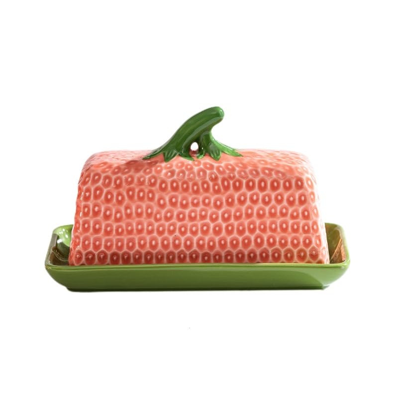 Strawberry Shaped Butter Dish, Ceramic Butter Keeper & Cheese Storage Box, Kitchen Organiser, 19.5x9.5x11.5cm, Pink