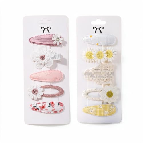 10 Stück Baby Haarspangen Mädchen Set, Handgemachte Stoff Haarklammern mit Stickerei Gänseblümchen, Sanft zu feinem Haar, Rutschfeste Snap Clips für Kleinkind, Babyg...