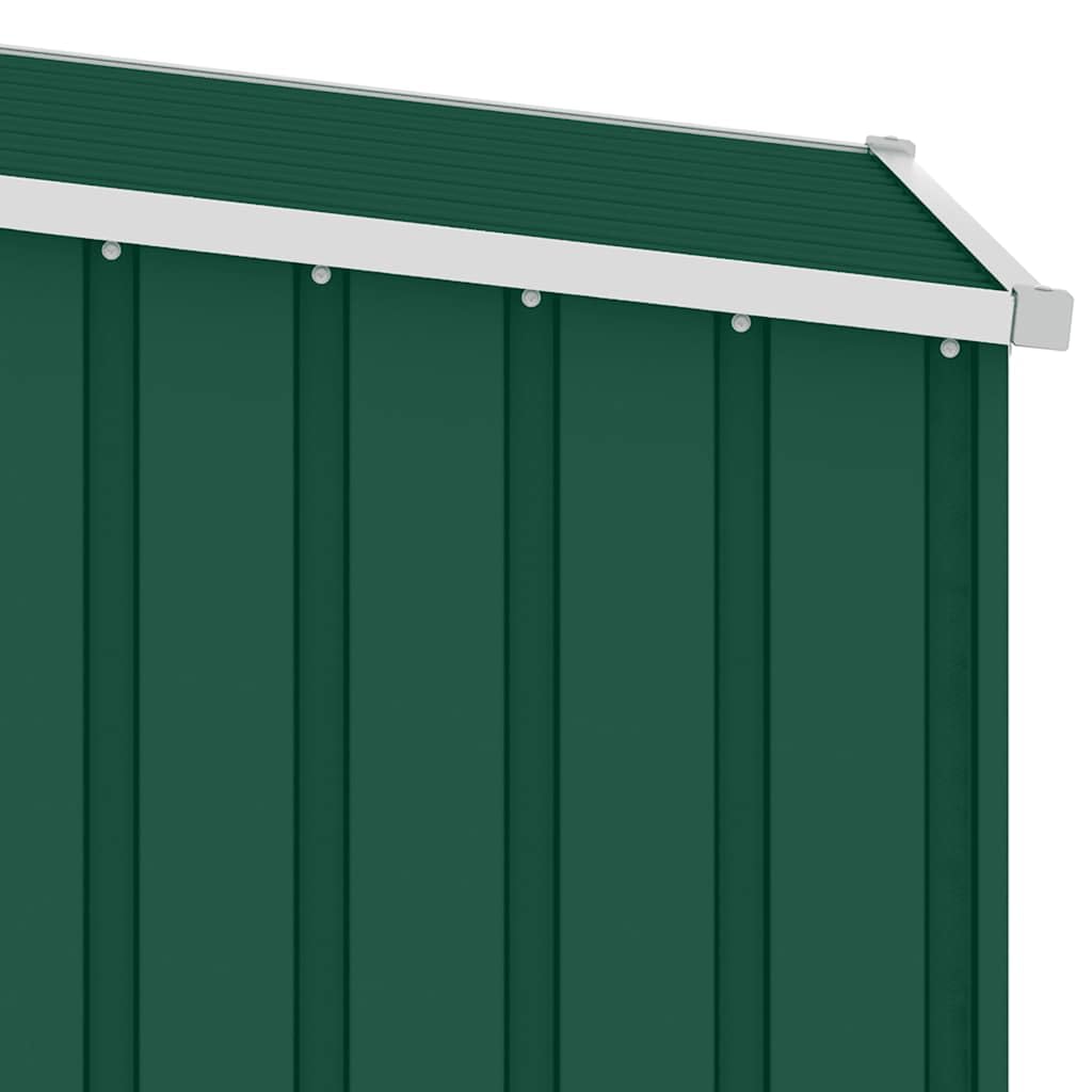 Domek ogrodowy 2 w 1 zielony 245 x 98 x 159 cm ze stali ocynkowanej, szopa zewnętrzna drewniana z stojakiem na drewno opałowe, narzędzia i meble ogrodowe