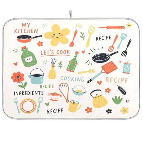 Absorbent Dish Drying Mat Kitchen Doodle Pattern Kitchen Counter Mat Protector,Reversible,Extra Large 24 x 18 Inches by Foiosoh - Used condition - US$17.30