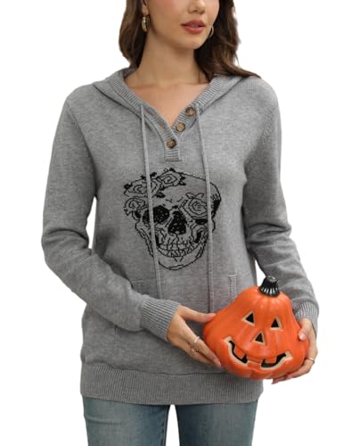 Image of CiCiBird Women Fall Winter Halloween Hoodie Flower Skull Graphic Tops Pullover 2024 Fashion Halloween Sweater Skull2 Gray L