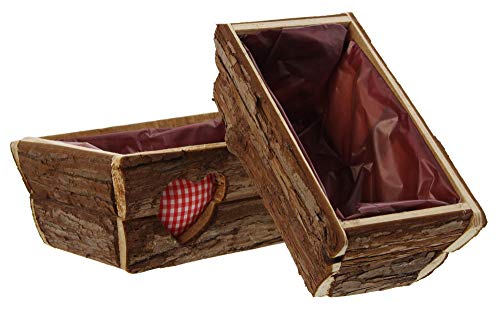 Herz Blumenkasten, Blumentopf eckig Pflanzkasten Pflanztopf Rinde, im 2er Set mit Herz 24 x 13 x 10 cm, 30 x 18 x 12 cm