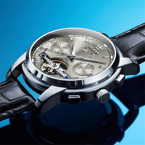 Image of OLEVS Mechanical Dress Mens Watches Square Brown Leather Strap Moon Phase Skeleton Tourbillion Day Date Waterproof Luminous Men's Wrist Watches