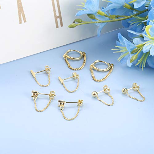 Yadoca 4 Pairs Copper Chain Stud Earrings Set For Women Cz Dangle Earrings Ball Stud Earring Bar Stud Earrings Huggie Hoop Piercing Earrings Stainless Steel Ear Pins Gold #TOP3