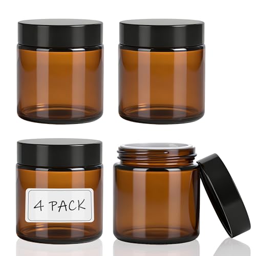 4oz Amber Glass Jars with Lids Cosmetic Containers with Inner Liners for Creams Lotions Body Scrubs Salve Jars 4 Pack
