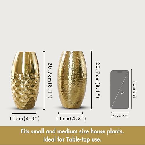 Image of Behoma Metal Hammered Vase for Home Decor | Decoratives for Indoor Outdoor Living Room Balcony |Golden Half Hammered & Full Hammered Oblong Shape (Flower not Included) (Set of 2)