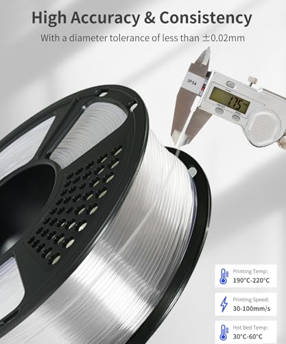 Image of PLA Filament 1.75mm Clear, 3D Printer Filament 1kg Spool (2.2lbs), Neatly Wound, + /- 0.02mm Precision, No Clog /Bubble, Excellent Layer Adhesion, Fits Most FDM Printers