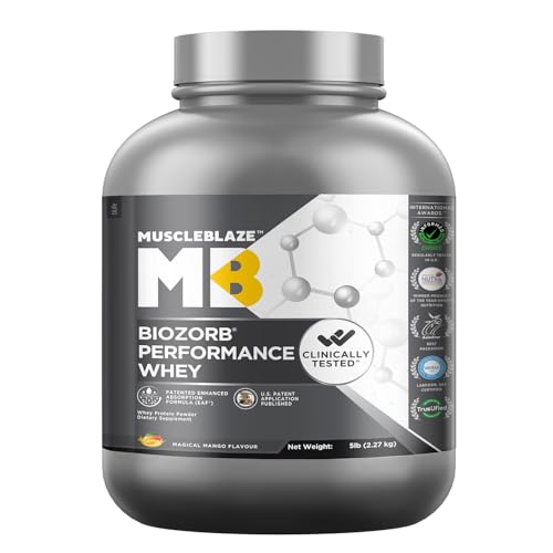 MuscleBlaze Biozorb Performance Whey Protein (Magical Mango 5lbs / 2.27kg) | Clinically Tested 50% Higher Protein Absorption