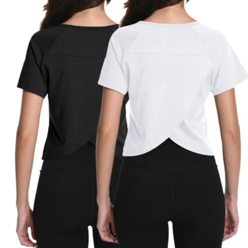 Cotton Cropped Workout Yoga Tops for Women Breathable Activewear Split Back Running Gym Shirts Athletic Clothes