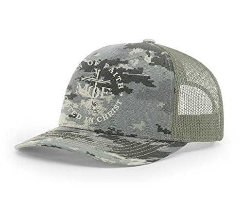 Christian Man of Faith Rooted in Faith Mens Embroidered Mesh Back Trucker Hat, Digi Camo/Light Green