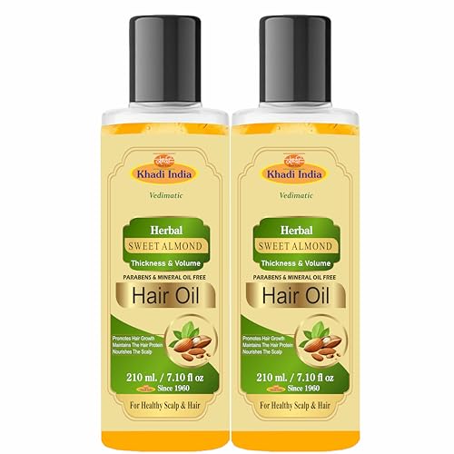 Image of Khadi Natural Herbal Almond Massage Oil For Full Body Massage,Skin Lightening ,Brightening ,With Olive, Jojoba Oil|Remove Acne|Powerful Moisturizer- Stress Releif Oil,Relax Body & Mind,Pain Relaif-Women /Men (Pack Of 2 - 420 ml., Sweet Almond Oil)